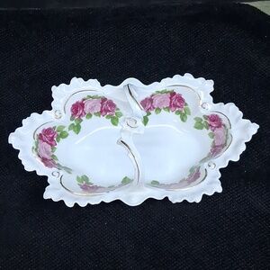 Vintage porcelain candy or trinket dish pink rose pattern,gold trim, Austria